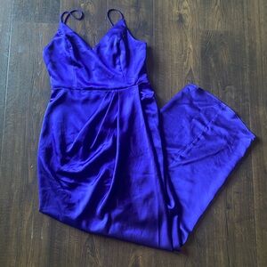 express cobalt blue purple satin asymmetric faux wrap draped cocktail dress XS|0